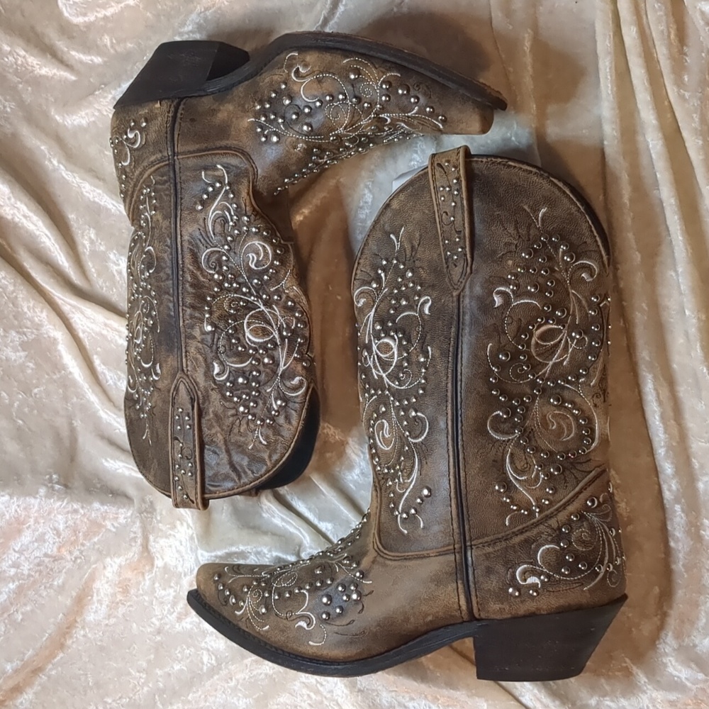 Rockin Country Brown Leather Silver Studded Boots size 12 Womens